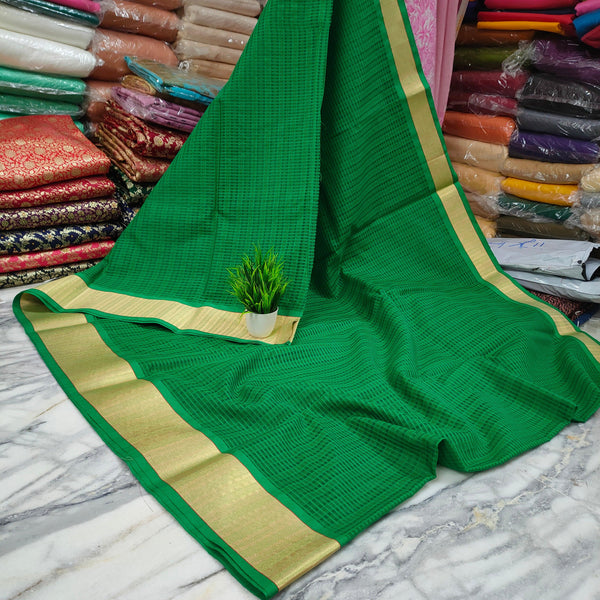 Banarasi Moonga Check Silk Saree (Zari Border) Dark Green - Mohsin Textiles