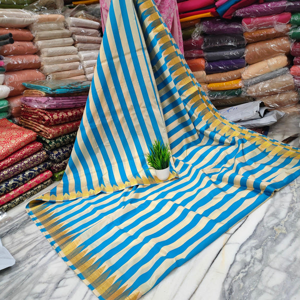 Banarasi Saton Silk Multi Color Zari Border Woven Saree (Multi Stripe) - Mohsin Textiles