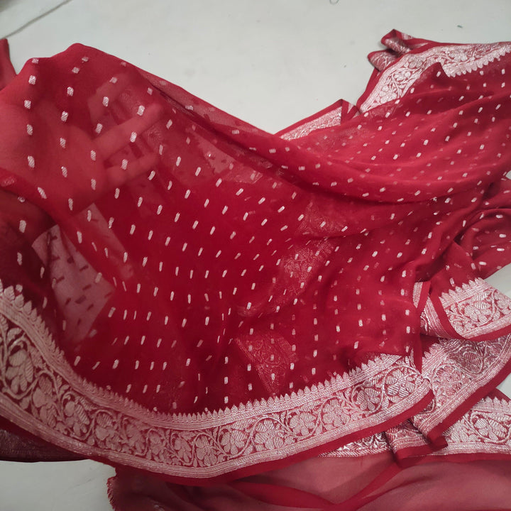 Handwoven Pure banarasi Khaddi Chiffon Dupatta (Chunri Buti -Silver) Red - Mohsin Textiles