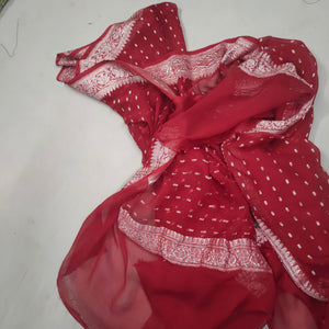 Handwoven Pure banarasi Khaddi Chiffon Dupatta (Chunri Buti -Silver) Red - Mohsin Textiles