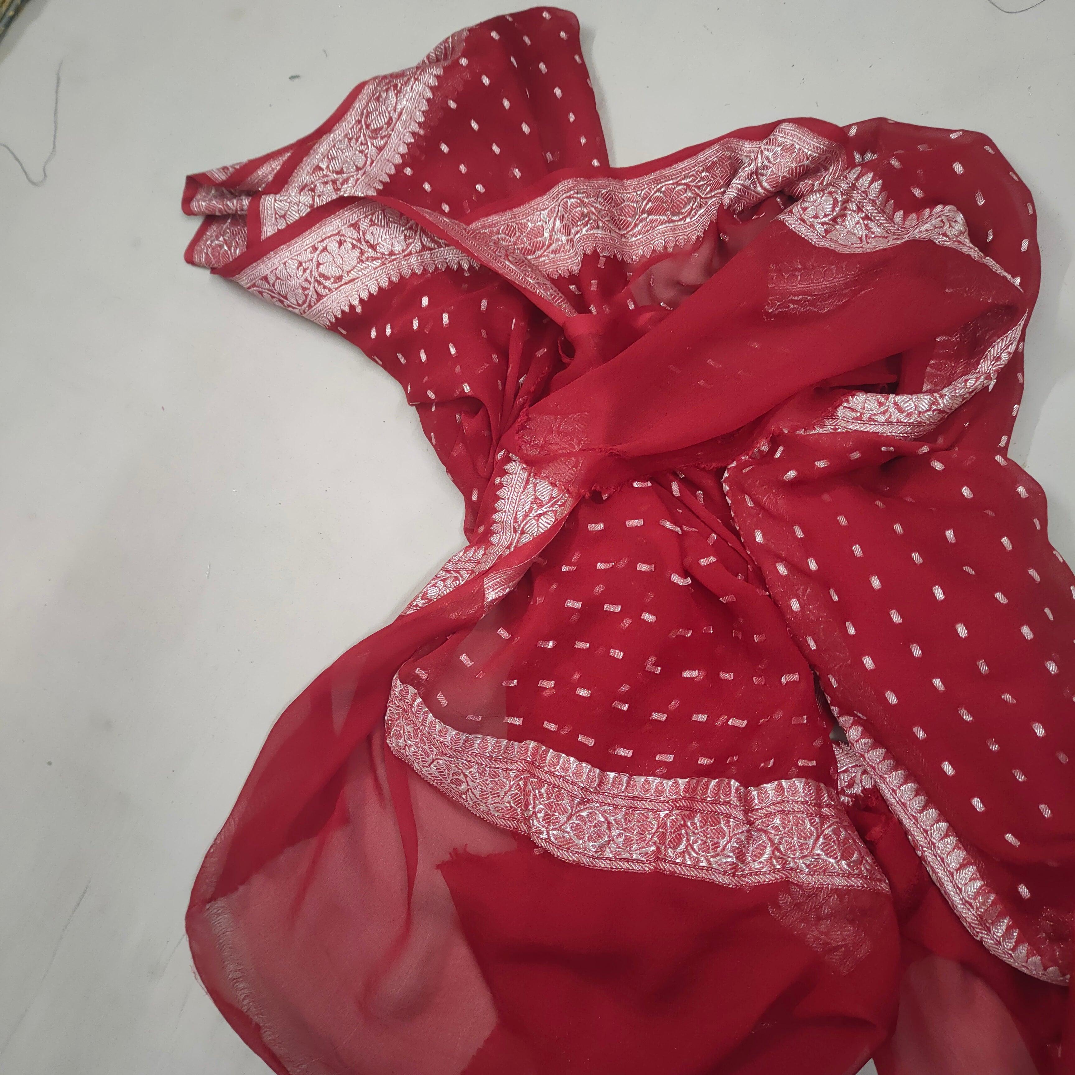 Handwoven Pure banarasi Khaddi Chiffon Dupatta (Chunri Buti -Silver) Red - Mohsin Textiles