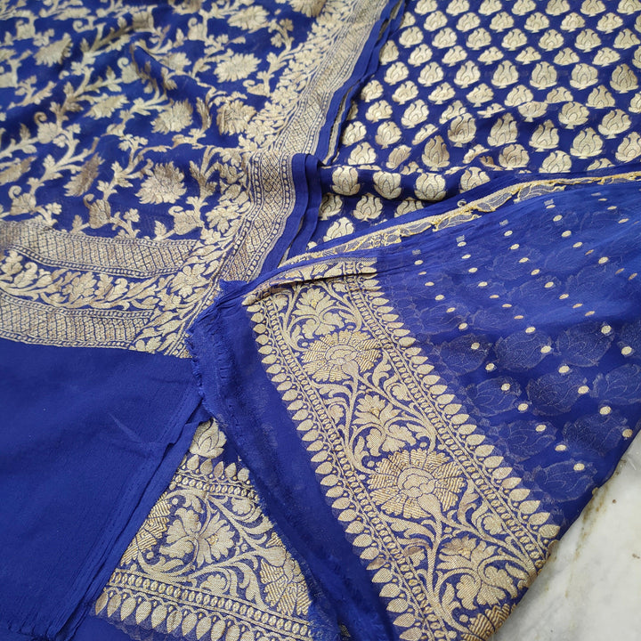 Pure Khaddi Chiffon Handloom Silk Suit Salwar Kameez (Minara buti - Royal Blue) Unstitched - Mohsin Textiles