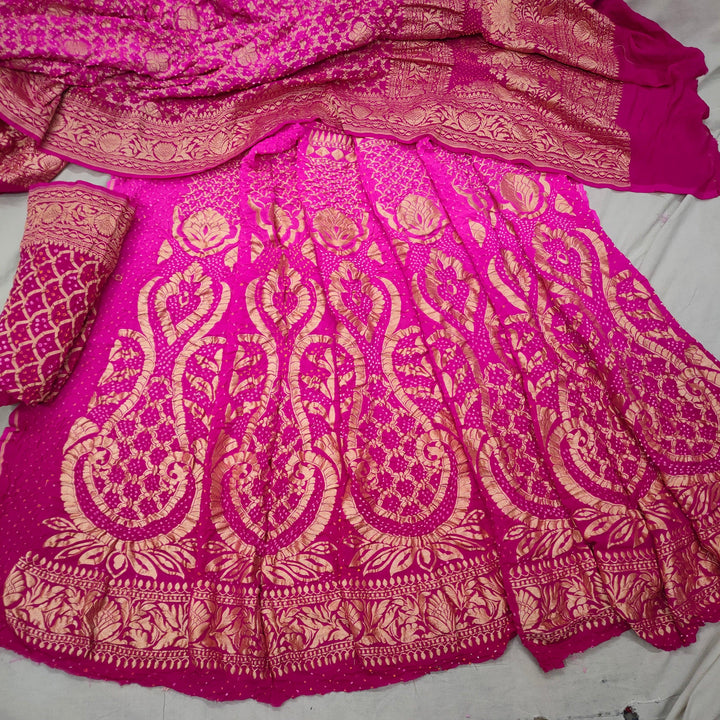 Banarasi Khaddi Chiffon Lahenga Pure Silk with Bandhni work  (Full Kalli 12 Pcs.) Dark &light pink Lahenga / Dark & Light pink Dupatta - Mohsin Textiles