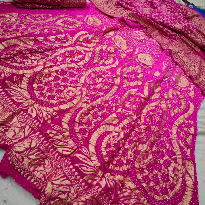 Banarasi Khaddi Chiffon Lahenga Pure Silk with Bandhni work  (Full Kalli 12 Pcs.) Dark &light pink Lahenga / Dark & Light pink Dupatta - Mohsin Textiles