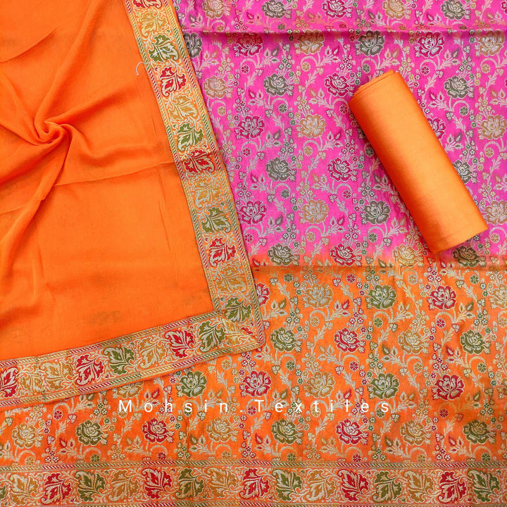 Banarasi Geogette Alphi Silk Suit Salwar Kamiz- Orange - Mohsin Textiles