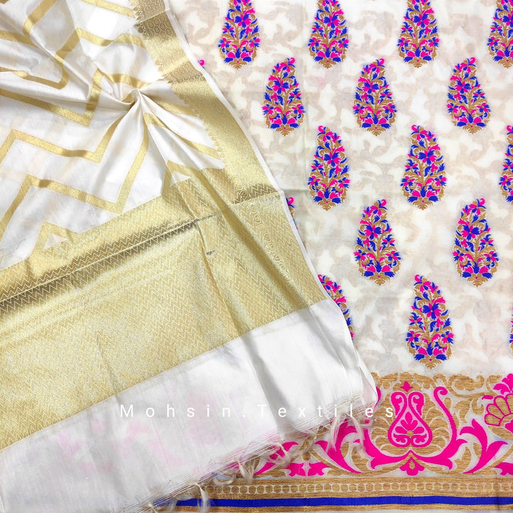 Banarasi Crepe Tilphi Suit Salwar Kamiz Pure Silk with Jacket ( Buta-Rani ) - Dyeable ( Currently White) - Mohsin Textiles