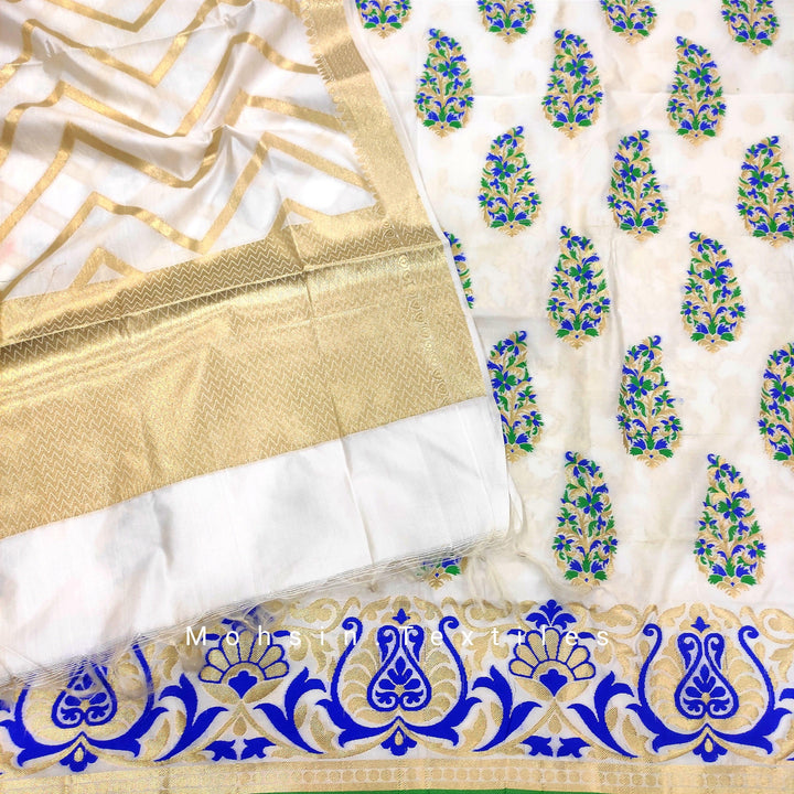 Banarasi Crepe Tilphi Suit Salwar Kamiz Pure Silk with Jacket (Buta-Royal Blue) - Dyeable ( Currently White) - Mohsin Textiles