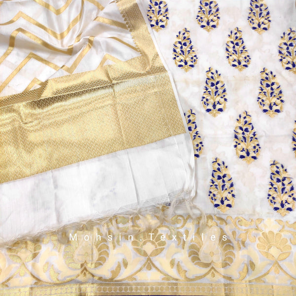 Banarasi Crepe Tilphi Suit Salwar Kamiz Pure Silk with Jacket ( Buta-Nevi Blue ) - Dyeable ( Currently White) - Mohsin Textiles