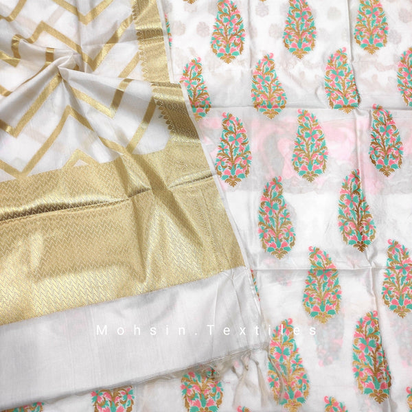 Banarasi Crepe Tilphi Suit Salwar Kamiz Pure Silk with Jacket ( Buta-Pink ) - Dyeable ( Currently White) - Mohsin Textiles