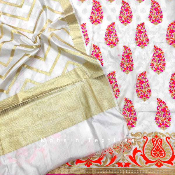 Banarasi Crepe Tilphi Suit Salwar Kamiz Pure Silk with Jacket ( Buta-Red ) - Dyeable ( Currently White) - Mohsin Textiles