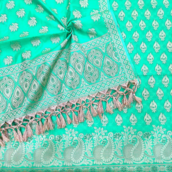 Banarasi Cotton Bright Silk Suit Salwar Kamiz (Carry Bright Border) Sea Green - Mohsin Textiles