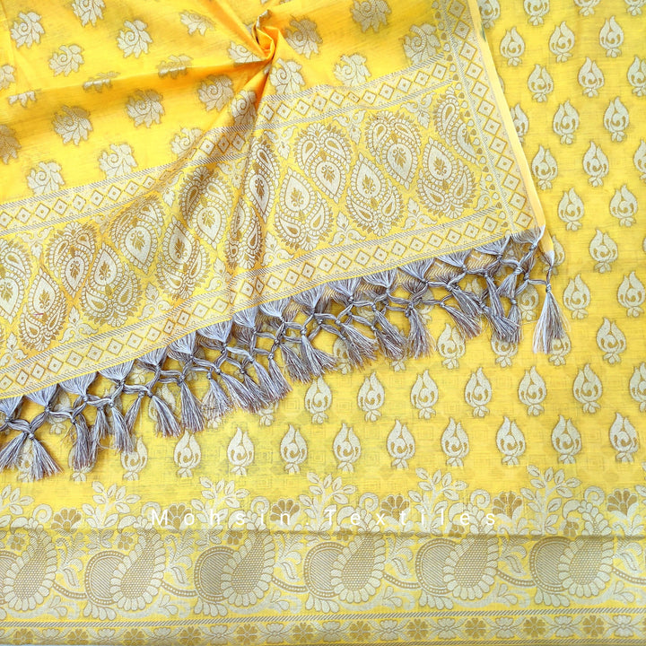 Banarasi Cotton Bright Silk Suit Salwar Kamiz (Carry Bright Border) Lite Gold - Mohsin Textiles