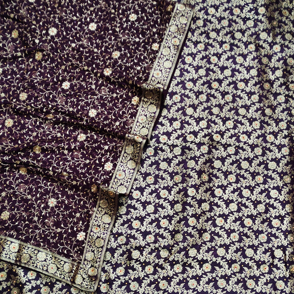 Banarasi Pure Silk Garara / Lahenga / Sharara with Hand Stone (Flower Stripe) Jamuni - Mohsin Textiles