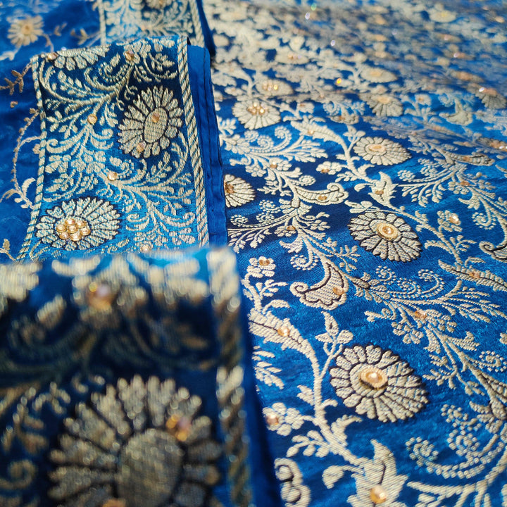 Banarasi Pure Silk Garara / Lahenga / Sharara with Hand Stone (Muglai Jaal) Peacock - Mohsin Textiles