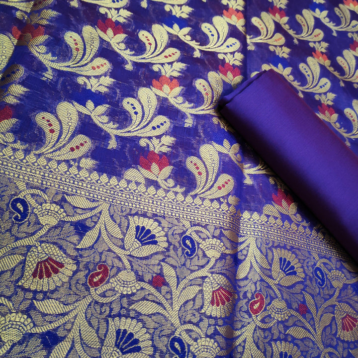 Banarasi Tilfi Resham Cotton Silk Suit Salwar Kameez (Angoori Jaal) Royal Blue - Mohsin Textiles