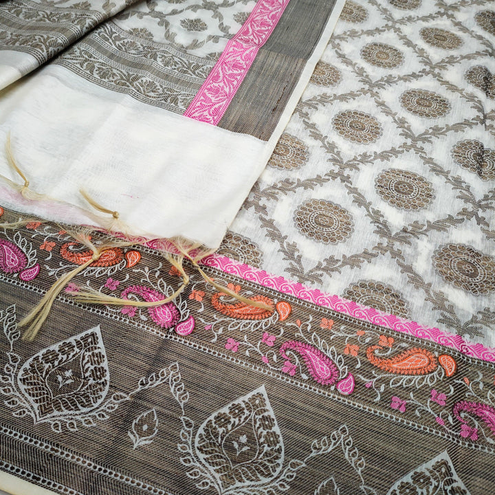 Banarasi Resham Cotton Silk Suit Salwar Kameez (Gola Jaal) White - Mohsin Textiles