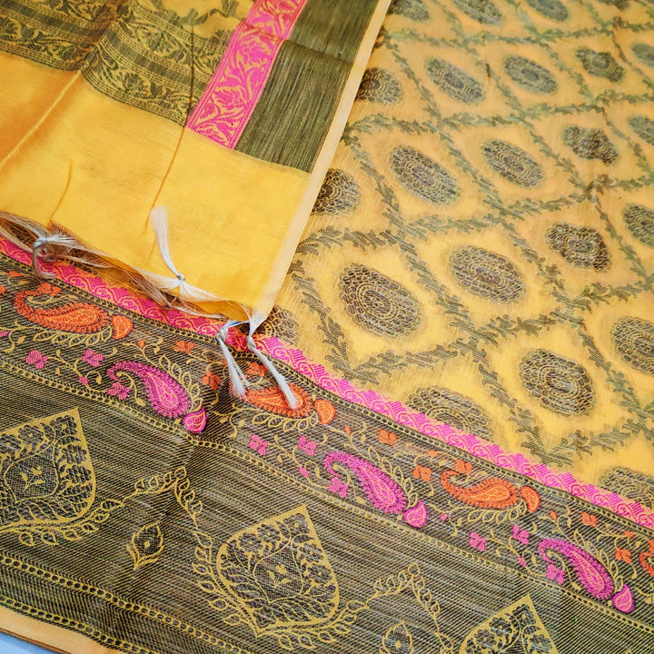 Banarasi Resham Cotton Silk Suit Salwar Kameez (Gola Jaal) Gold - Mohsin Textiles