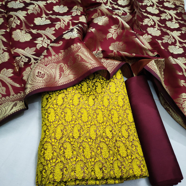 Banarasi Cotton Brocade Matte Silk Suit Salwar Kameez (Copper-Carry Jaal) Mustard - Mohsin Textiles