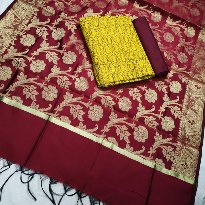 Banarasi Cotton Brocade Matte Silk Suit Salwar Kameez (Copper-Carry Jaal) Mustard - Mohsin Textiles
