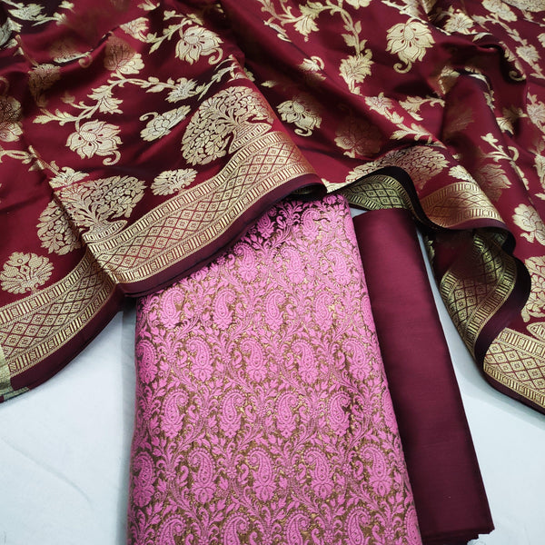 Banarasi Cotton Brocade Matte Silk Suit (Copper-Carry Jaal) Pink - Mohsin Textiles