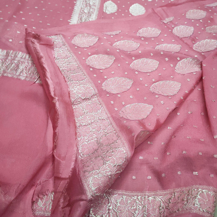 Banarasi Khaddi Chiffon Suit Pure Silk Dress (Silver-Patti) Baby Pink - Mohsin Textiles