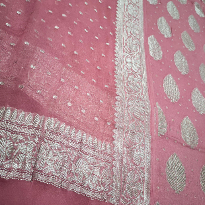 Banarasi Khaddi Chiffon Suit Pure Silk Dress (Silver-Patti) Baby Pink - Mohsin Textiles