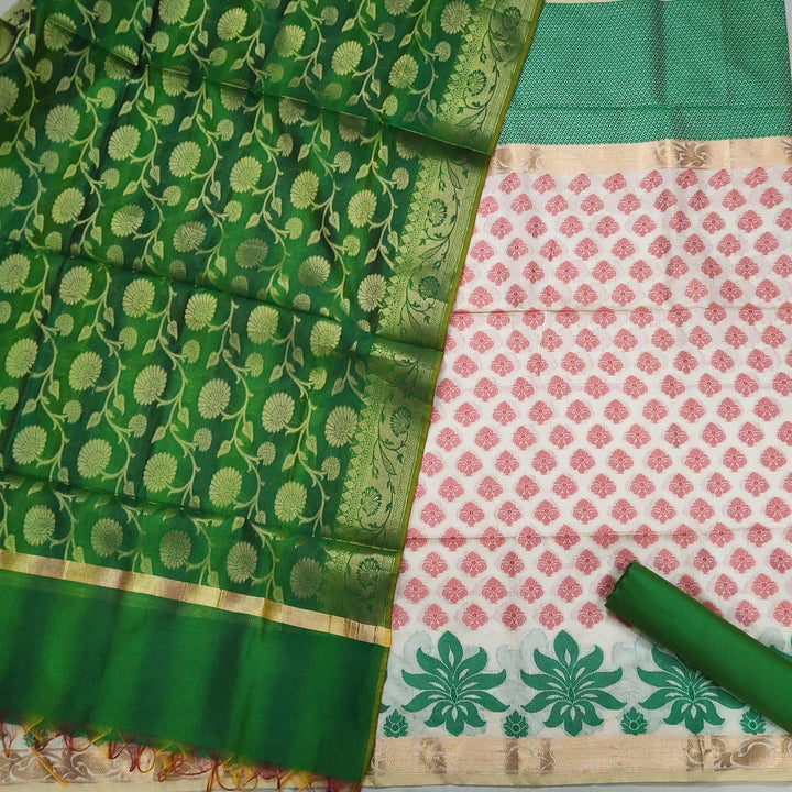 Banarasi Duppion Lilen Silk Suit Salwar Kameez (Dual Skirt Buta) Green-Red - Mohsin Textiles