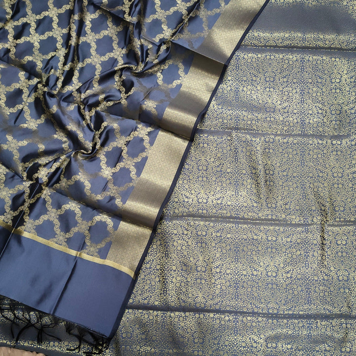 Pure Banarasi Satin Silk Suit Salwar Kameez (Jamewar Jaal) Ash Grey - Mohsin Textiles