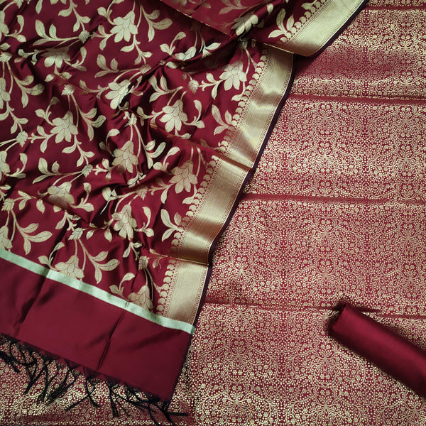 Pure Banarasi Satin Silk Suit Salwar Kameez (Jamewar Jaal) Maroon - Mohsin Textiles