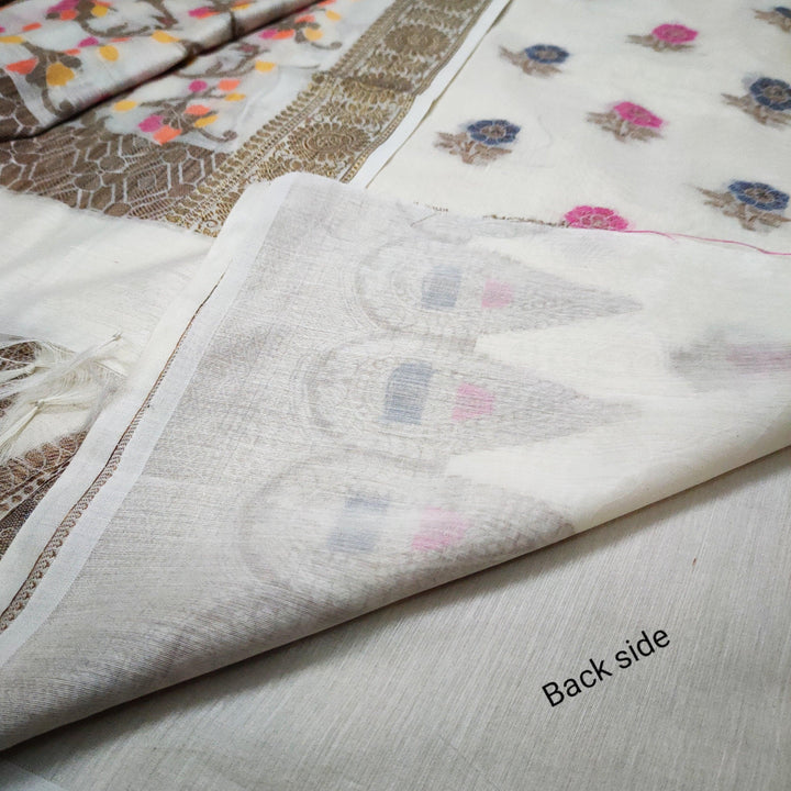 Banarasi Cotton Chanderi Silk Salwar Kameez (Rose Meena) White Back Plain - Mohsin Textiles
