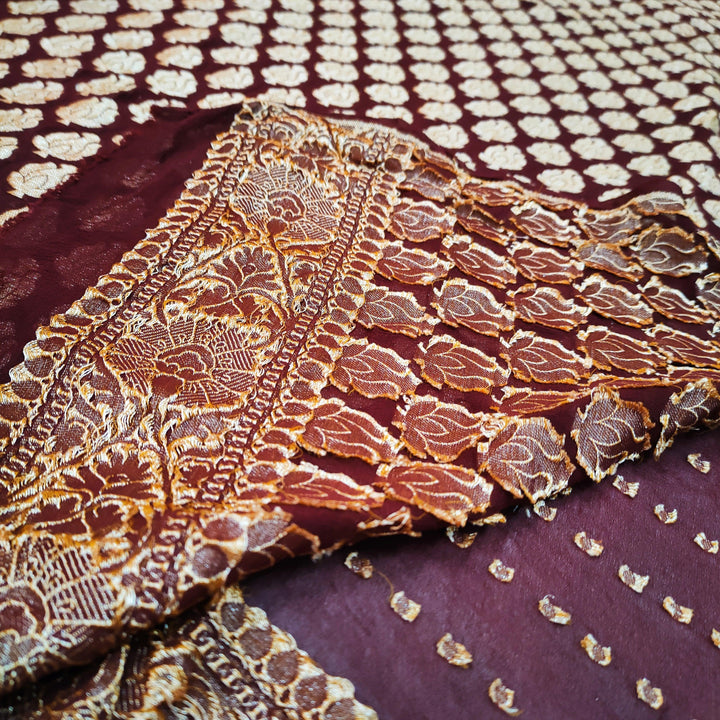 Pure Khaddi Chiffon Handloom Silk Suit Salwar Kameez (Minara buti - Wine) Unstitched - Mohsin Textiles