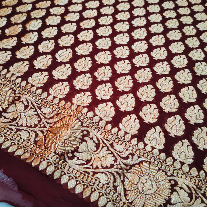Pure Khaddi Chiffon Handloom Silk Suit Salwar Kameez (Minara buti - Wine) Unstitched - Mohsin Textiles