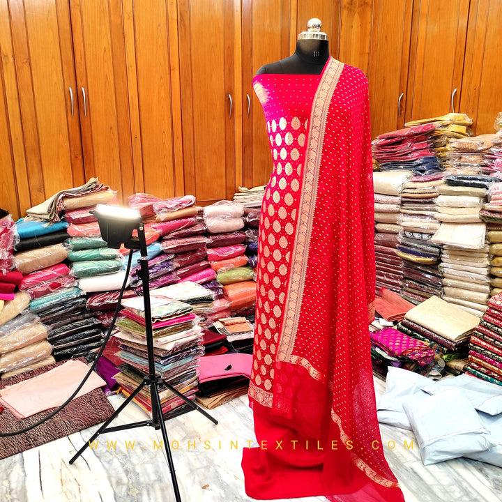 Pure khaddi Chiffon Silk Suit Handloom Weaved (Salwar kameez ) Red - Mohsin Textiles