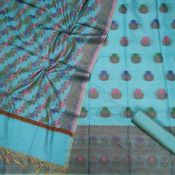 Banarasi Tilfi Resham Silk Suit Salwar Kameez (Guldasta) Aqua Blue - Mohsin Textiles