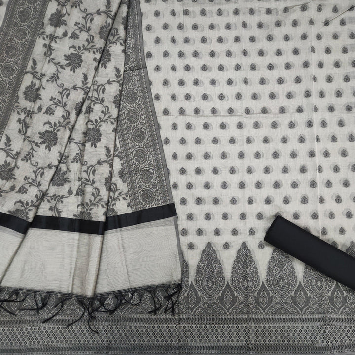 Banarasi Cotton Silk Suit Salwar Kamiz (Rasham-Black Border) Silver Grey - Mohsin Textiles