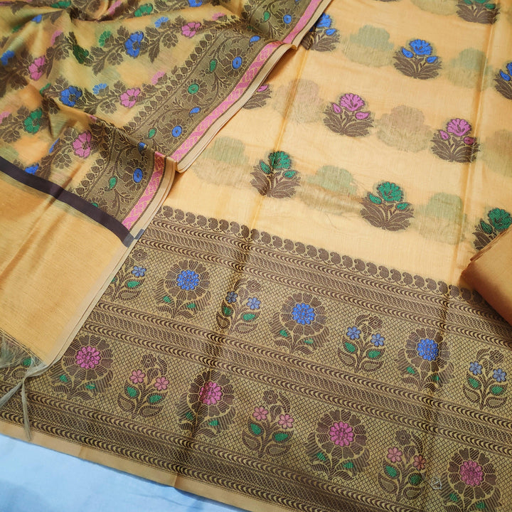 Banarasi Tilfi Resham Silk Suit Salwar Kameez (Guldasta) Yellow Gold - Mohsin Textiles