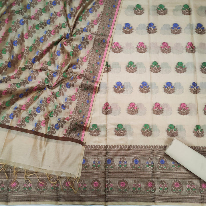 Banarasi Tilfi Resham Silk Suit Salwar Kameez (Guldasta) Baige Creem - Mohsin Textiles