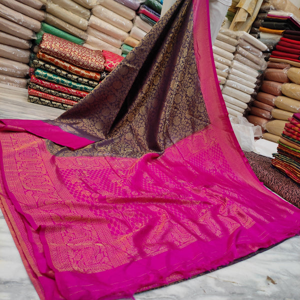 Banarasi Softie Silk Saree (Jamewar Jaal) Pink-Nevi - Mohsin Textiles