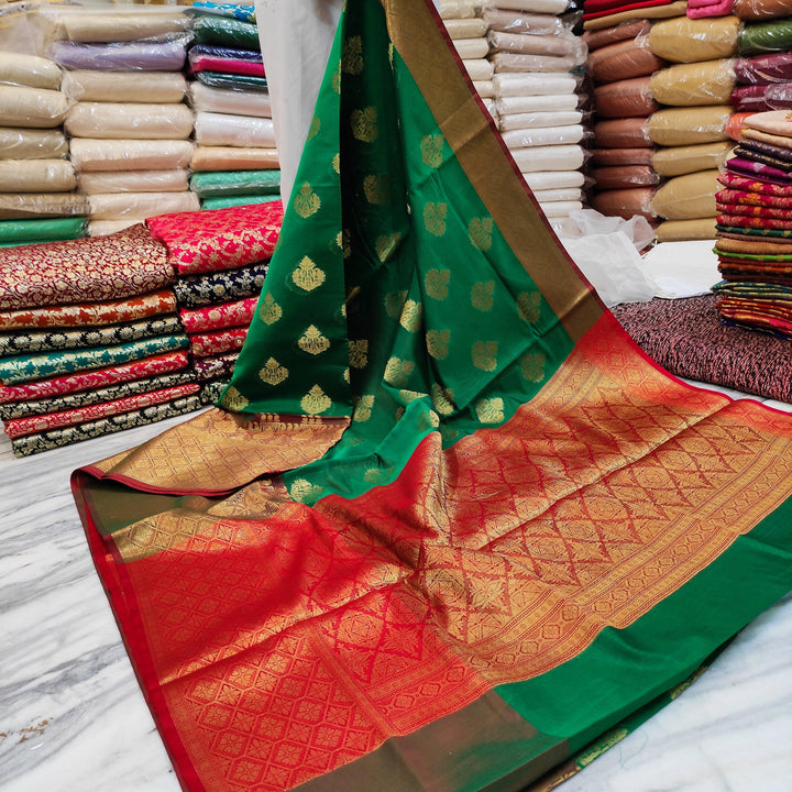 Banarasi Organza Silk Saree Zari Buta (Kanjivaram Border) Green-Red - Mohsin Textiles
