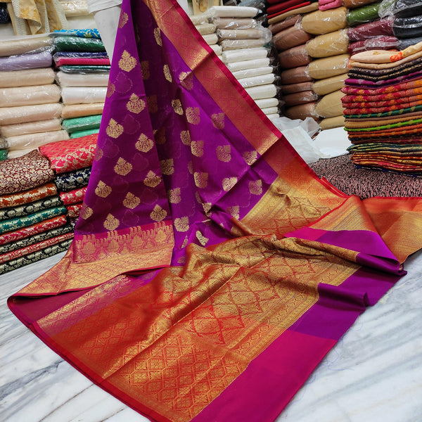 Banarasi Organza Silk Saree Zari Buta (Kanjivaram Border) Magenta-Red - Mohsin Textiles
