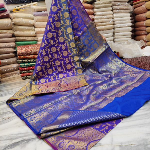Pure Banarasi Saton Silk Mutli Patta Saree (Patta Jaal) Royal -Blue - Mohsin Textiles