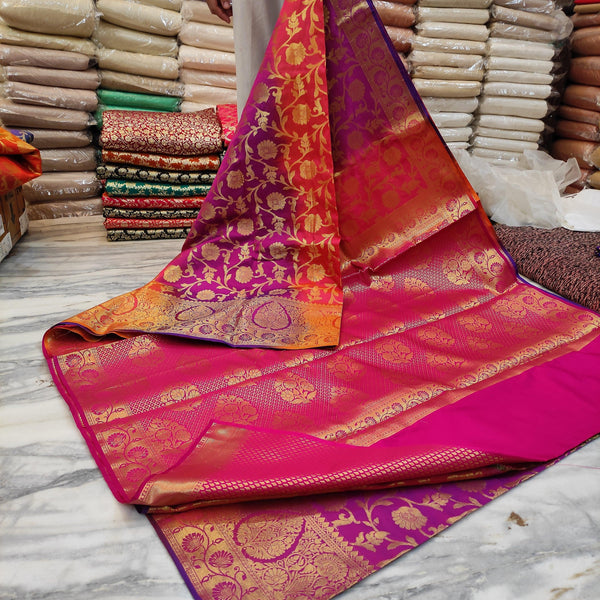 Pure Banarasi Saton Silk Mutli Patta Saree (Patta Jaal) Magenta-Orange - Mohsin Textiles