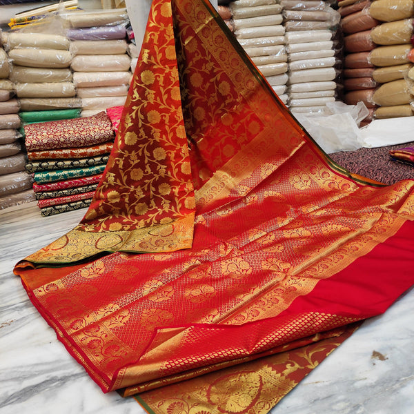 Pure Banarasi Saton Silk Mutli Patta Saree (Patta Jaal) Red-Orange - Mohsin Textiles