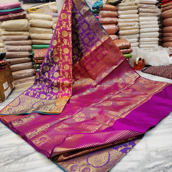 Pure Banarasi Saton Silk Mutli Patta Saree (Patta Jaal) Purple-Pink - Mohsin Textiles