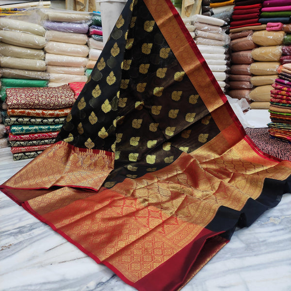 Banarasi Organza Silk Saree Zari Buta (Kanjivaram Border) Black-Red - Mohsin Textiles