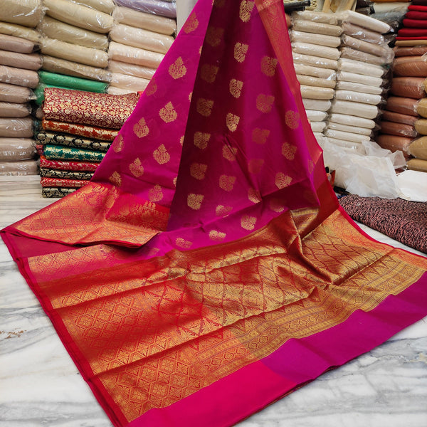 Banarasi Organza Silk Saree Zari Buta (Kanjivaram Border) Rani -Red - Mohsin Textiles