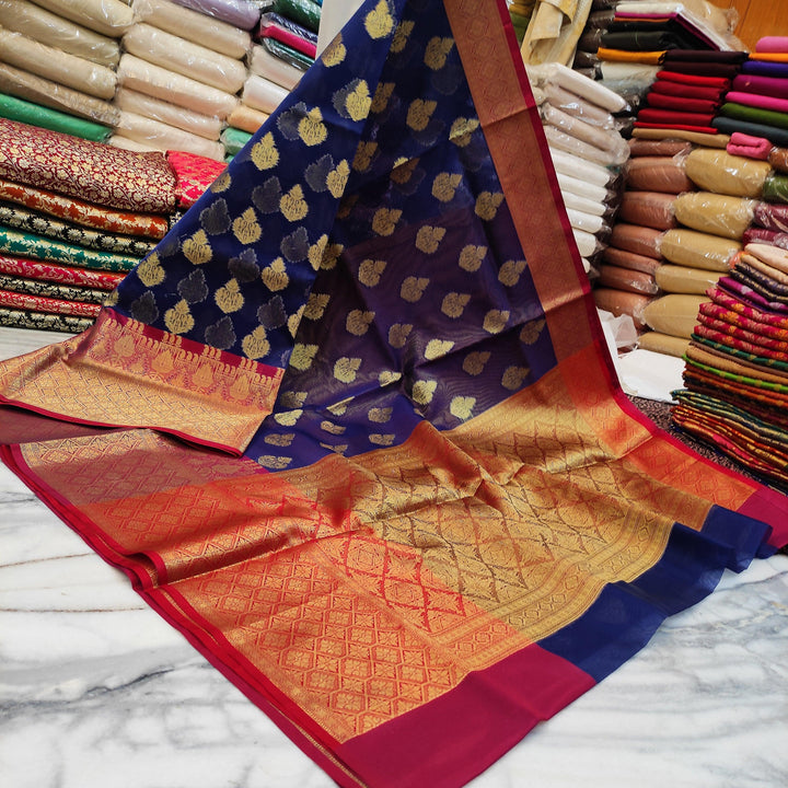 Banarasi Organza Silk Saree Zari Buta (Kanjivaram Border) Nevi-Red - Mohsin Textiles