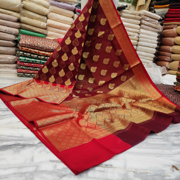 Banarasi Organza Silk Saree Zari Buta (Kanjivaram Border) Maroon-Red - Mohsin Textiles