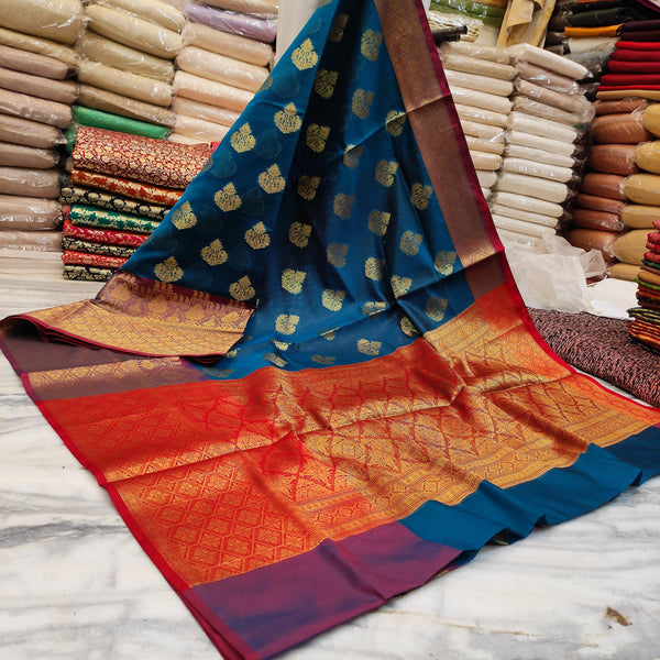 Banarasi Organza Silk Saree Zari Buta (Kanjivaram Border) Peacock Blue-Red - Mohsin Textiles