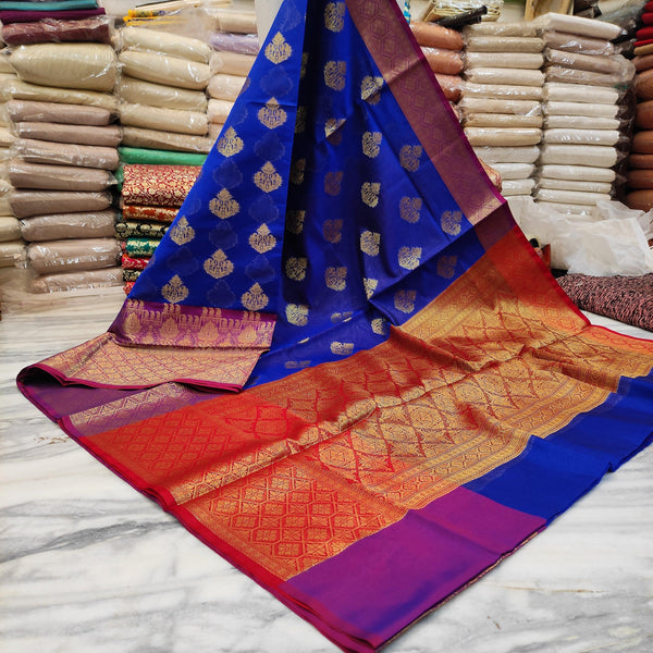 Banarasi Organza Silk Saree Zari Buta (Kanjivaram Border) Royal Blue-Red - Mohsin Textiles